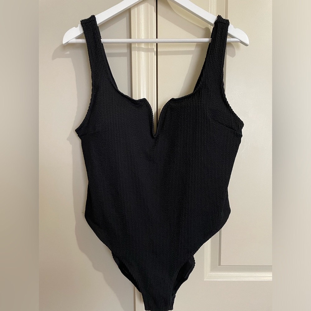 One piece black ribbed swim suit, XL